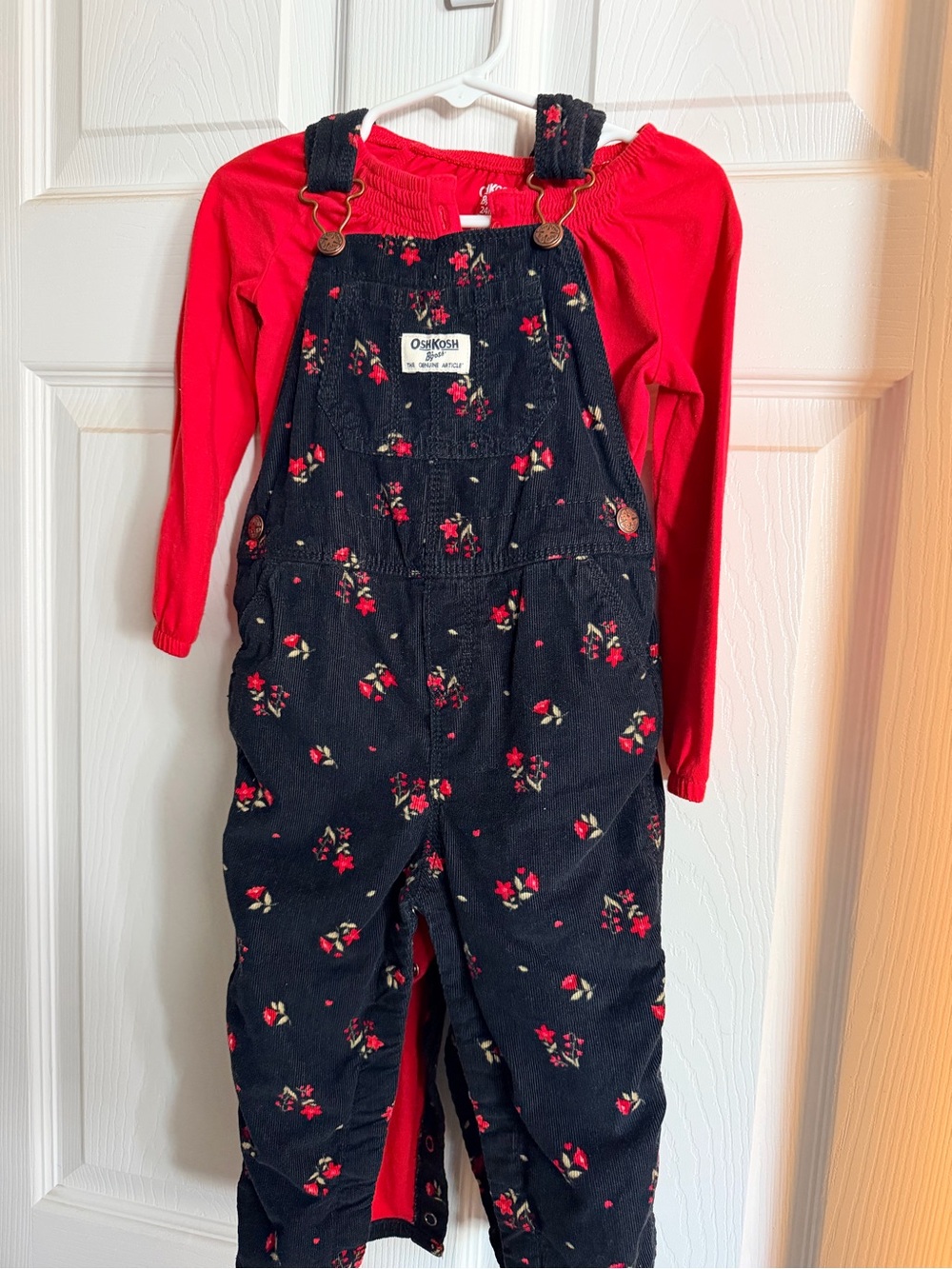 OshKosh B'gosh Navy Corduroy Floral Overalls with Red Accents
